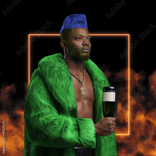 Cool african man with fur coat against abstract background photo