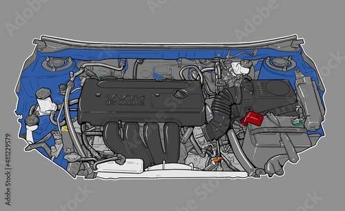 Hand drawn illustration of an engine compartment from a 2008 Toyota Matrix.