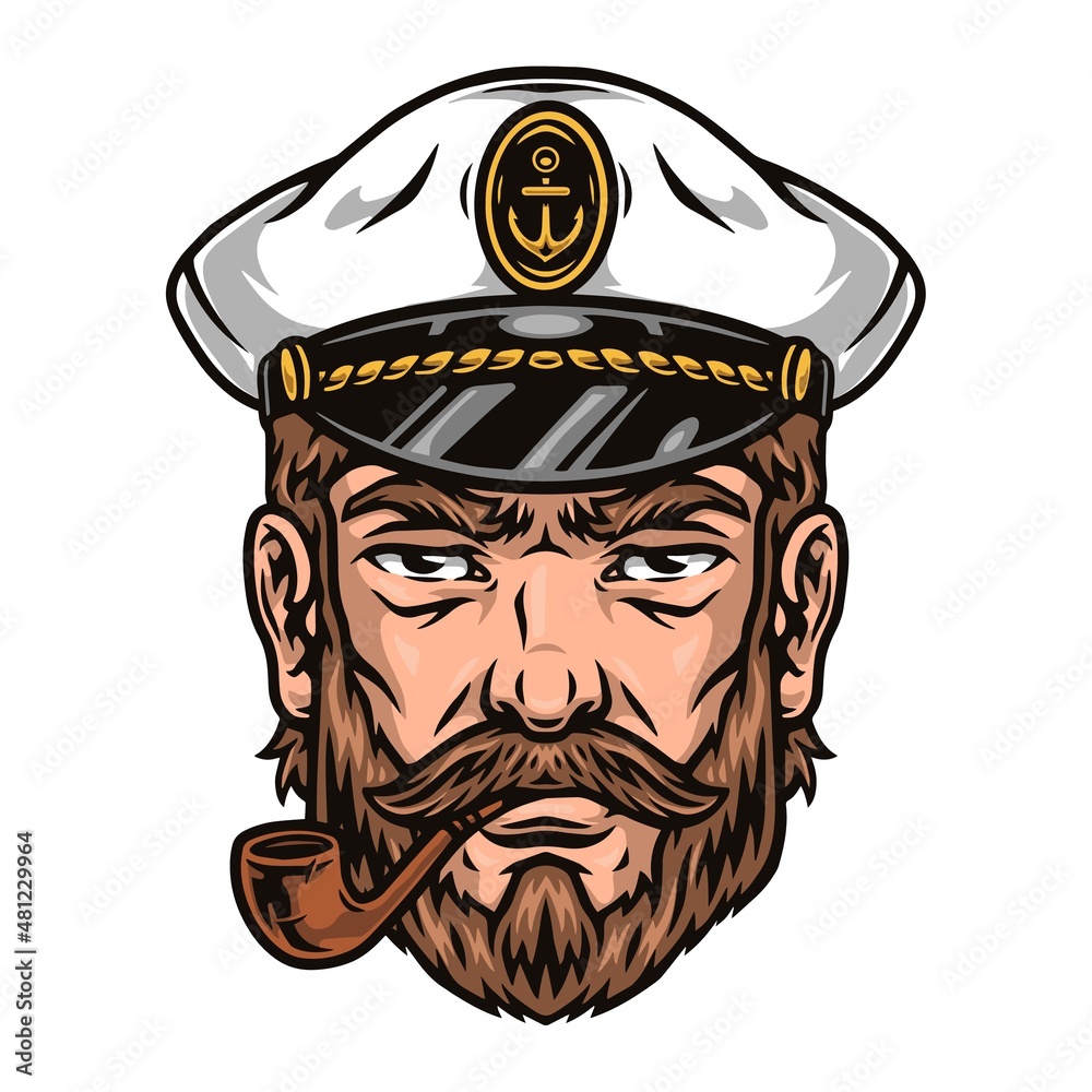 Colorful Vintage Bearded Sailor Captain Smoking Pipe Isolated Vector 