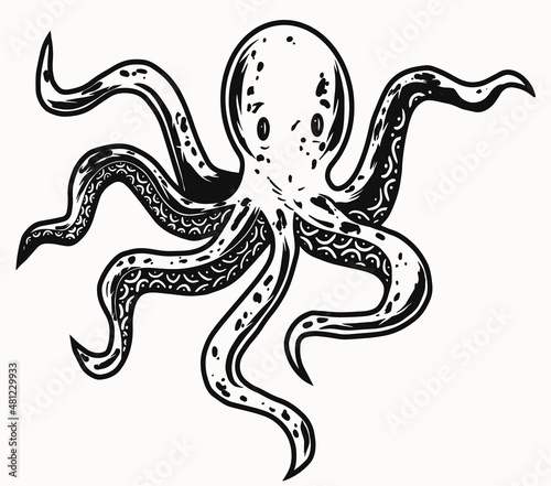 Octopus. Marine life illustrations in monochrome style isolated on white background. Hand drawn design element.