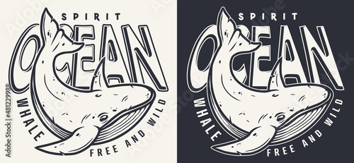 Monochrome nautical and marine labels with whale in vintage style isolated. Emblem for t-shirts. Vector