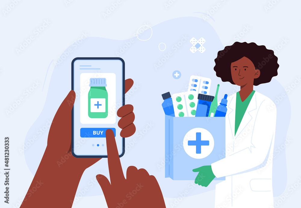 An African-American pharmacist with medical purchases. Online pharmacy, prescription medicines order. Vector flat illustration.