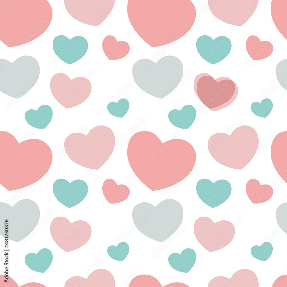 Pastel hearts seamless pattern, repeating flat vector pattern, pink and blue hearts on a white background, suitable for fabric printing, baby products, packaging, wallpaper