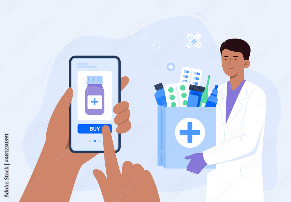 An Indian pharmacist with medical purchases. Online pharmacy, delivery drugs, prescription medicines order. Vector flat illustration. An Indian pharmacist with medical purchases. Online pharmacy, delivery drugs, prescription medicines order. Vector flat illustration.