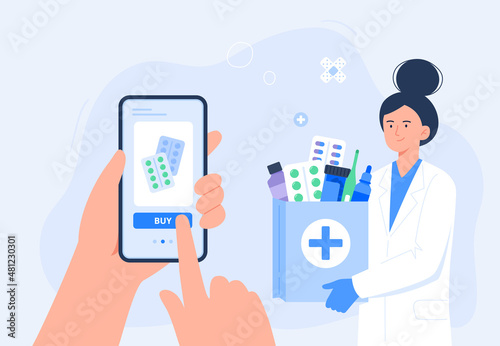 A female pharmacist with medical purchases. Online pharmacy, delivery drugs, prescription medicines order. Vector flat illustration.