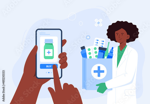 An African-American pharmacist with medical purchases. Online pharmacy, prescription medicines order. Vector flat illustration.