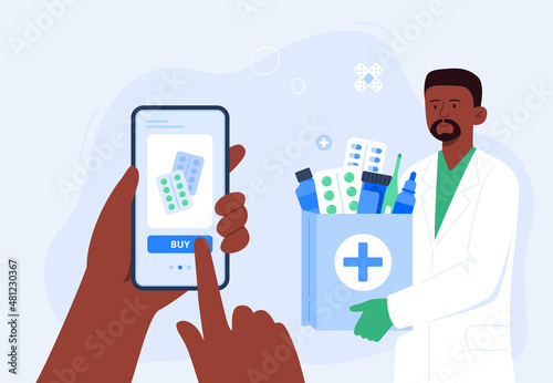 An African-American pharmacist with medical purchases. Online pharmacy, prescription medicines order. Vector flat illustration.