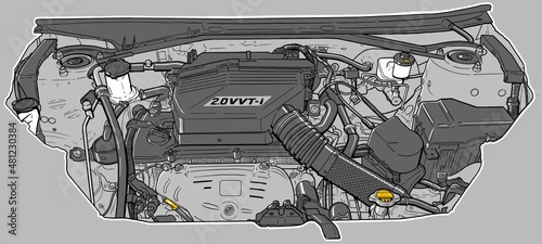 Hand drawn illustration of an engine compartment from a Toyota Rav4.