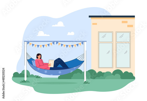 Girl reading paper book in hammock on home backyard or garden. Calm leisure and relax of happy young woman lying in hammock outdoors flat vector illustration. Vacation, weekend, lifestyle concept