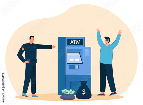 Criminal attack on ATM bank machine by theft stealing cash money. Male police officer protecting bankomat from robbery flat vector illustration. Financial crime, burglary threat, abduction concept