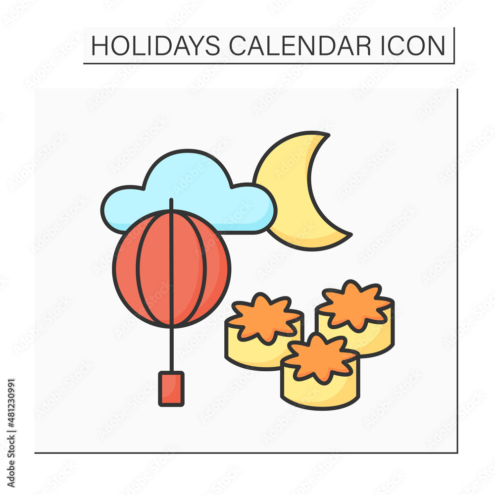Moon festival color icon. Mid-autumn festival. Observing full moon rise and eating moon cakes. Romantic atmosphere. Holidays calendar concept. Isolated vector illustration