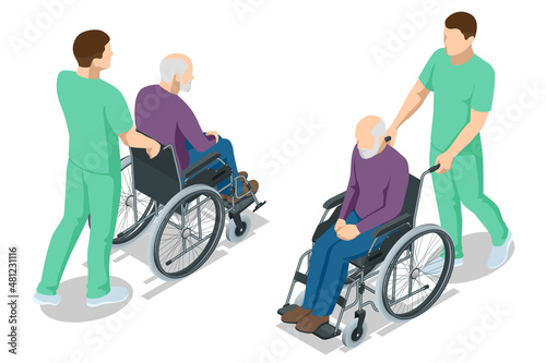 Isometric elderly patient in wheelchair and his caregiver at retirement home. Doctor take care of a man patient sitting in a wheelchair in a hospital.
