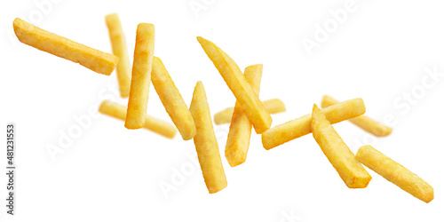 Flying delicious potato fries, isolated on white background