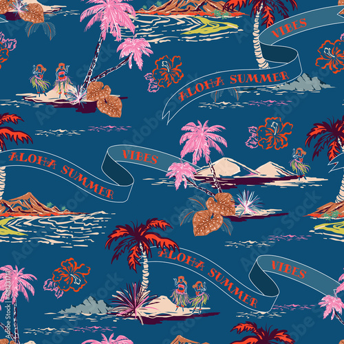 Trendy tropical island style seamless on dark ocean blue background landscape with palm trees beach and ocean hand drawn style vector Design for fashion, fabric, web, wallaper, wallaper, wrap