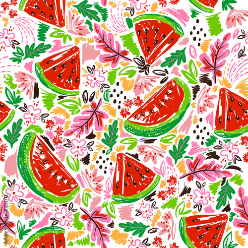 Trendy and colourful of Summer Watermelon ,floral and leaves brushed strokes style, seamless pattern vector ,Design for fashion , fabric, textile, wallpaper, cover, web , wrapping and all prints