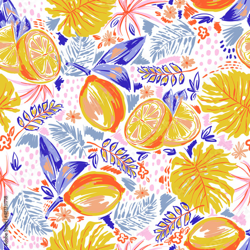 Trendy and colourful of Summer fruits Lemon and monstera leaves brushed strokes style, seamless pattern vector ,Design for fashion , fabric, textile, wallpaper, cover, web , wrapping