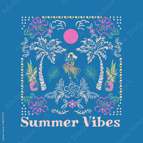 Beautiful vector of Hawaii summer island relax vibes ,palm, tree, ocean,wave,hibiscus flowern,beach design for Tshirt,fashion,cover,web and all graphic use photo