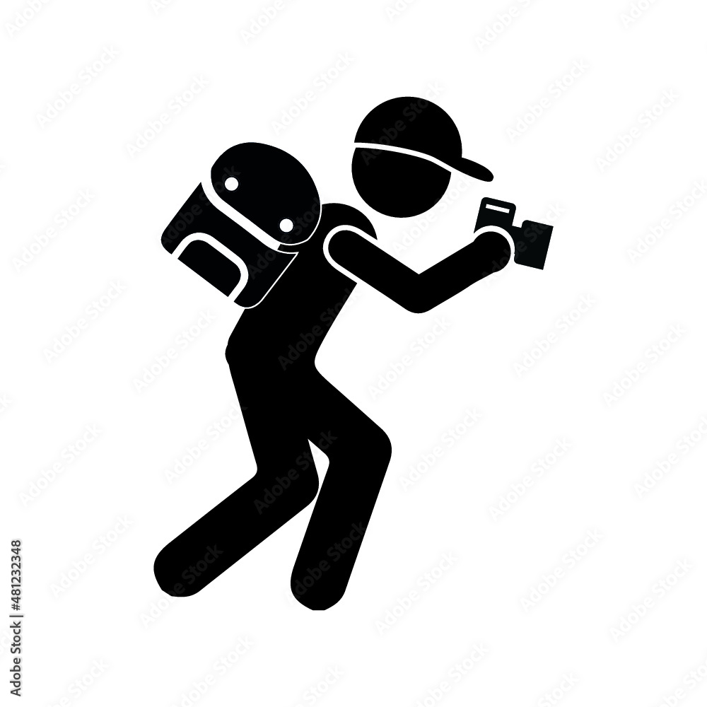 Standing photographer black silhouette. Man holding a digital DSLR camera. Taking picture logo. Shooting image. Journalist or paparazzi job icon sign or symbol. Traveler or tourist illustration. Standing photographer black silhouette. Man holding a digital DSLR camera. Taking picture logo. Shooting image. Journalist or paparazzi job icon sign or symbol. Traveler or tourist illustration.