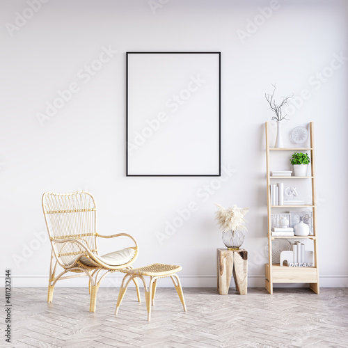 Fototapeta Naklejka Na Ścianę i Meble -  Mock up poster frame in modern interior background, living room, Scandinavian style, 3D rendering
