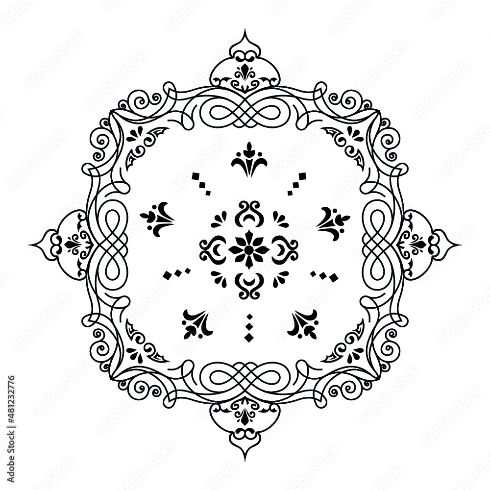 Vector pattern in Eastern style. Ornate element for design and place for text. Ornamental lace pattern for wedding invitations and greeting cards. Traditional pastel decor on light background.