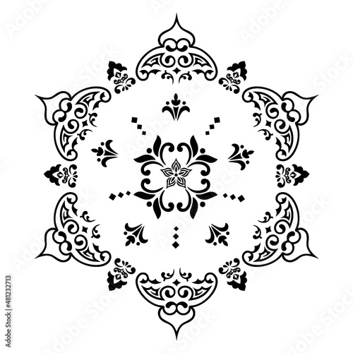 Vector pattern in Eastern style. Ornate element for design and place for text. Ornamental lace pattern for wedding invitations and greeting cards. Traditional pastel decor on light background.