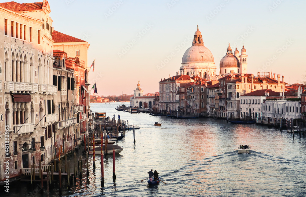 View of Grand Canal during sunset in Venice, Italy.