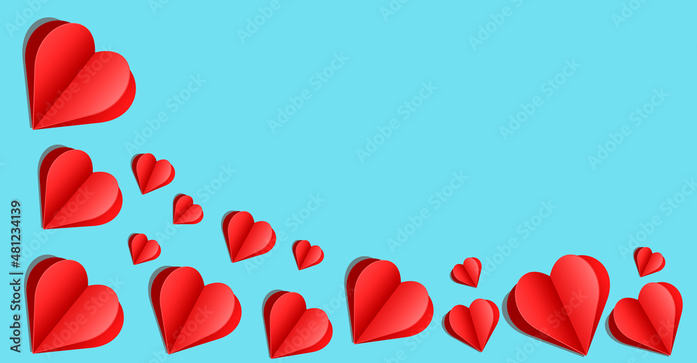 Banner on the theme of valentine's day with place for text. Red hearts on a blue background. Simple design. Romance.