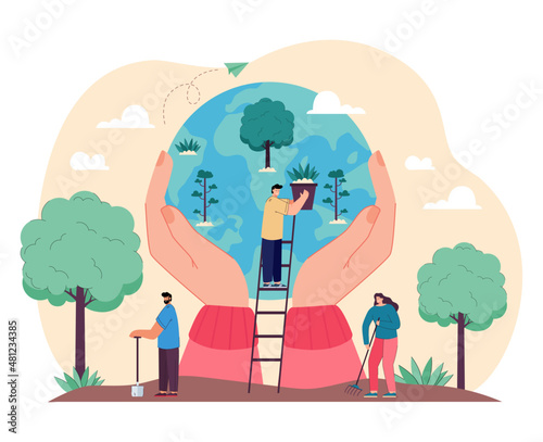Reforestation and Earth environment protection from volunteers. Teamwork of tiny persons growing green plants and trees together flat vector illustration. Ecology, sustainable agriculture concept