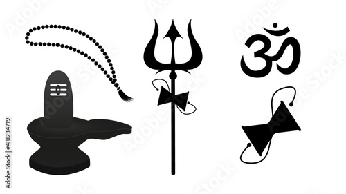 Attributes for worship of mahadev shiva. Black lingam and weapon of hindu god Mahadev with rosary damaru drum attached to vector handle.