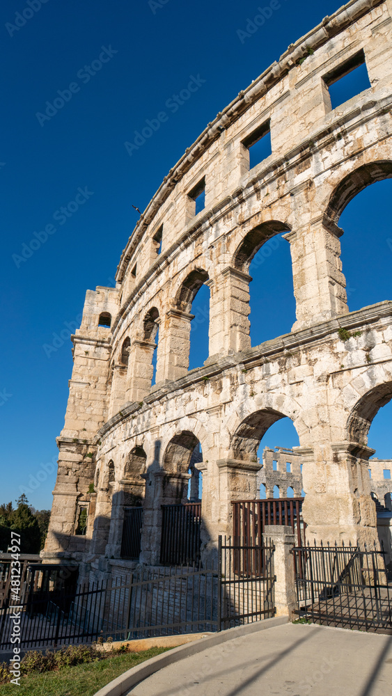 view at famous european city of Pula and arena of roman time. Istria country, Croatia, Europe. UNESCO
