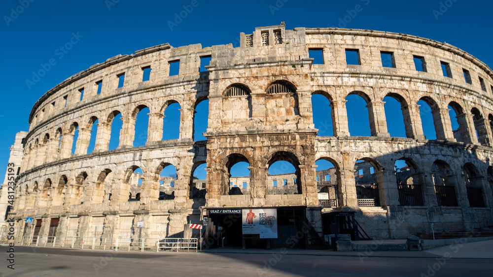 view at famous european city of Pula and arena of roman time. Istria country, Croatia, Europe. UNESCO