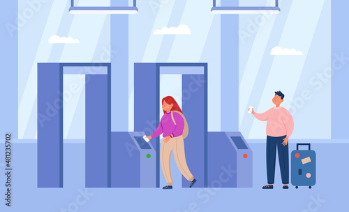 Passengers paying fare at automatic turnstile. People with tickets at entrance to train or metro station flat vector illustration. Public transport concept for banner, website design or landing page