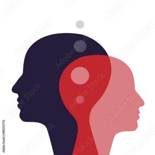 Two heads joined together. Concept of mutual thoughts, strong connection.