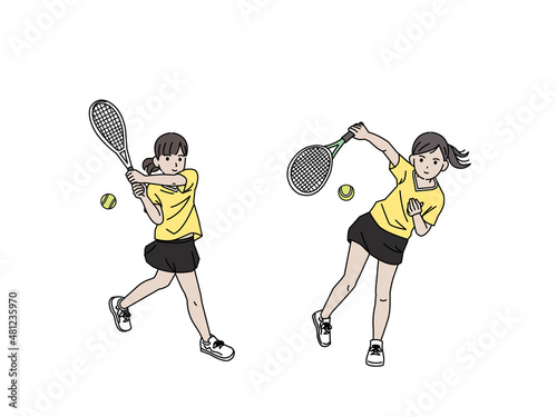 テニス　女子テニス部　クラブ活動　部活　スポーツ　女の子　全身　イラスト