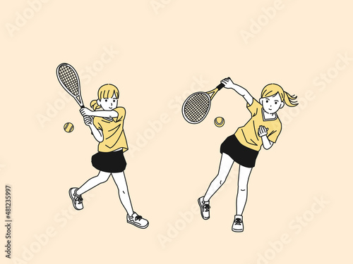 テニス　女子テニス部　クラブ活動　部活　スポーツ　女の子　全身　イラスト