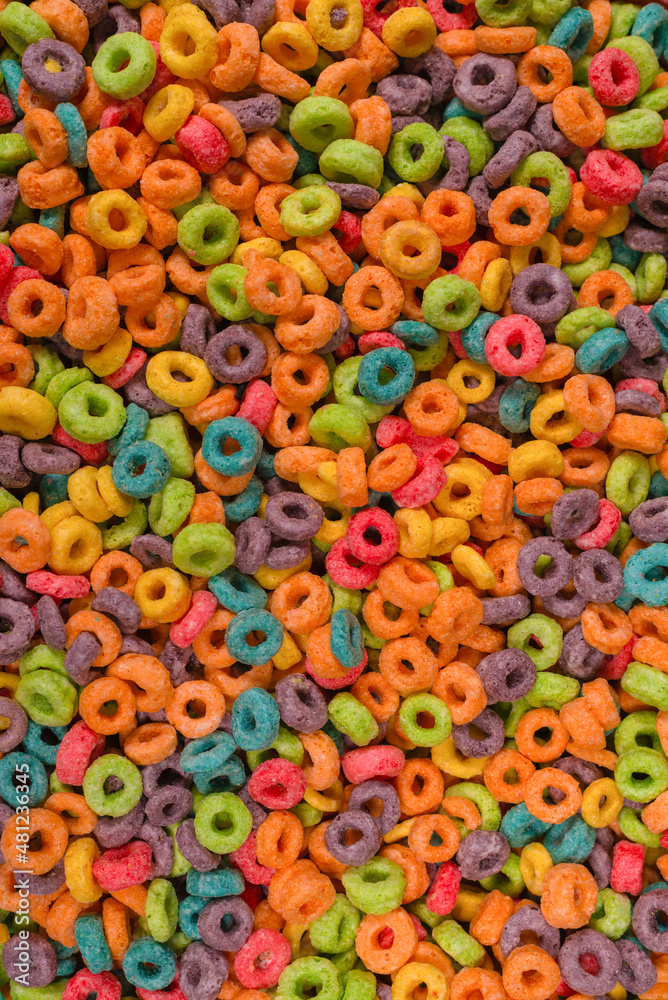 Sweet multicolored flakes, cereal loops.