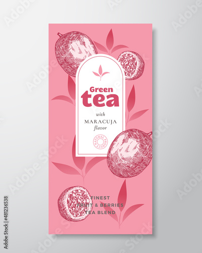 Fruit and Berries Tea Label Template. Abstract Vector Packaging Design Layout with Realistic Shadows. Hand Drawn Maracuja or Passion Fruit and Tea Leaves Decor Silhouettes Background Isolated