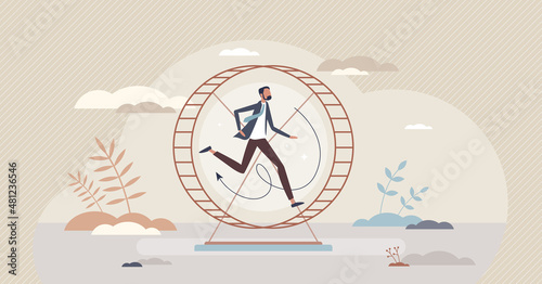 Stagnant career as running employee on hamster wheel tiny person concept. Pointless energy waste without future perspective and growth vector illustration. Professional job choice failure and crisis.