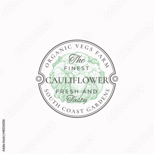 Cauliflower Frame Badge or Logo Template. Hand Drawn Vegetable Sketch with Retro Typography and Borders. Vintage Premium Circle Emblem Isolated