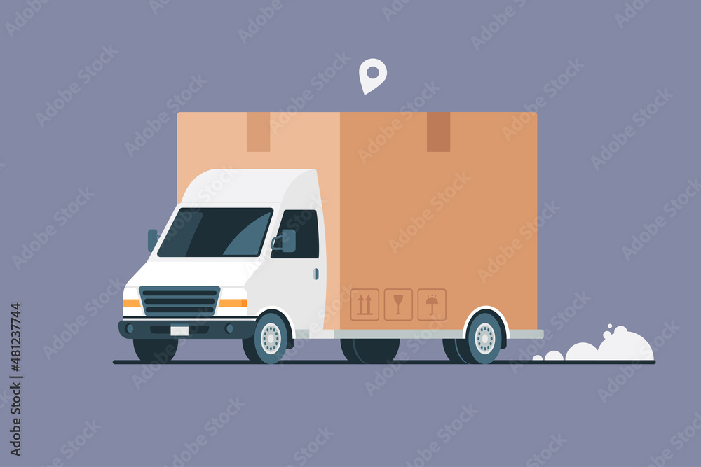 Delivery truck with a cardboard box. Moving service. Transportation business. Vector illustration in flat style. - obrazy, fototapety, plakaty 