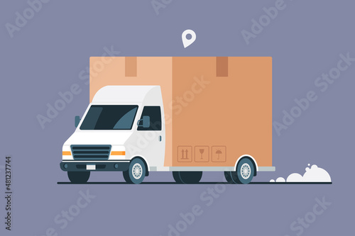 Delivery truck with a cardboard box. Moving service. Transportation business. Vector illustration in flat style.