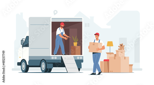 Vector illustration of moving service. Two movers loading cardboard boxes into the truck. House relocation. photo