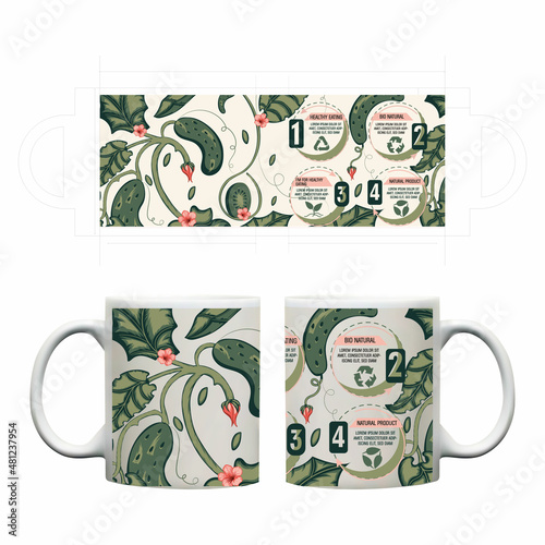 Vector layout for cup with infographic. Healthy eating. Decorative background with leaves, tomato, cucumber.
