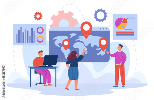 Company workers doing online research. World map with local and international business statistics flat vector illustration. Development, social media concept for banner, website design or landing page