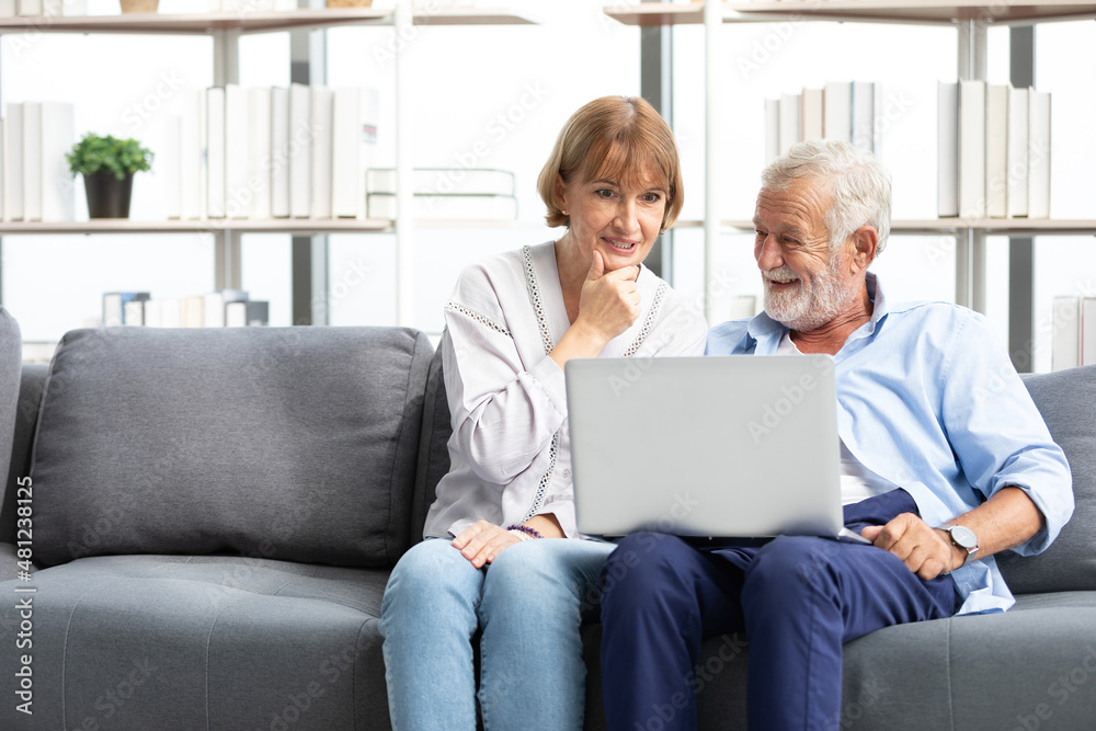 senior couple using laptop computer on sofa senior couple using laptop computer on sofa