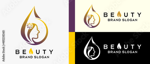 woman logo design template with creative concept in drops of water or oil. creative and modern vector beauty logo illustration