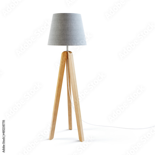 Wooden tripod floor loor lamp isolated on white background. Clipping path included. 3D render. 3D illustration. photo