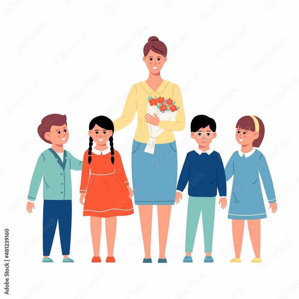 Kids students gave bouquet of flower to teacher. Flat trendy illustration for happy teacher's day. Banner, card or poster concept. Kids students gave bouquet of flower to teacher. Flat trendy illustration for happy teacher's day. Banner, card or poster concept.
