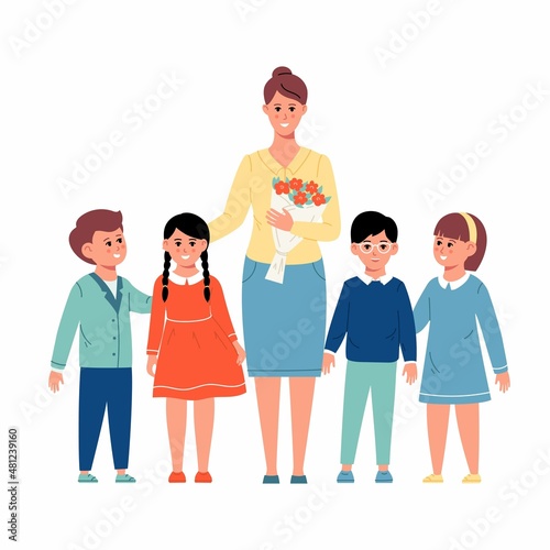 Kids students gave bouquet of flower to teacher. Flat trendy illustration for happy teacher's day. Banner, card or poster concept. photo