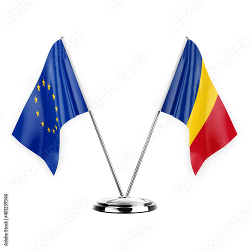 Two table flags isolated on white background 3d illustration, european union and romania photo